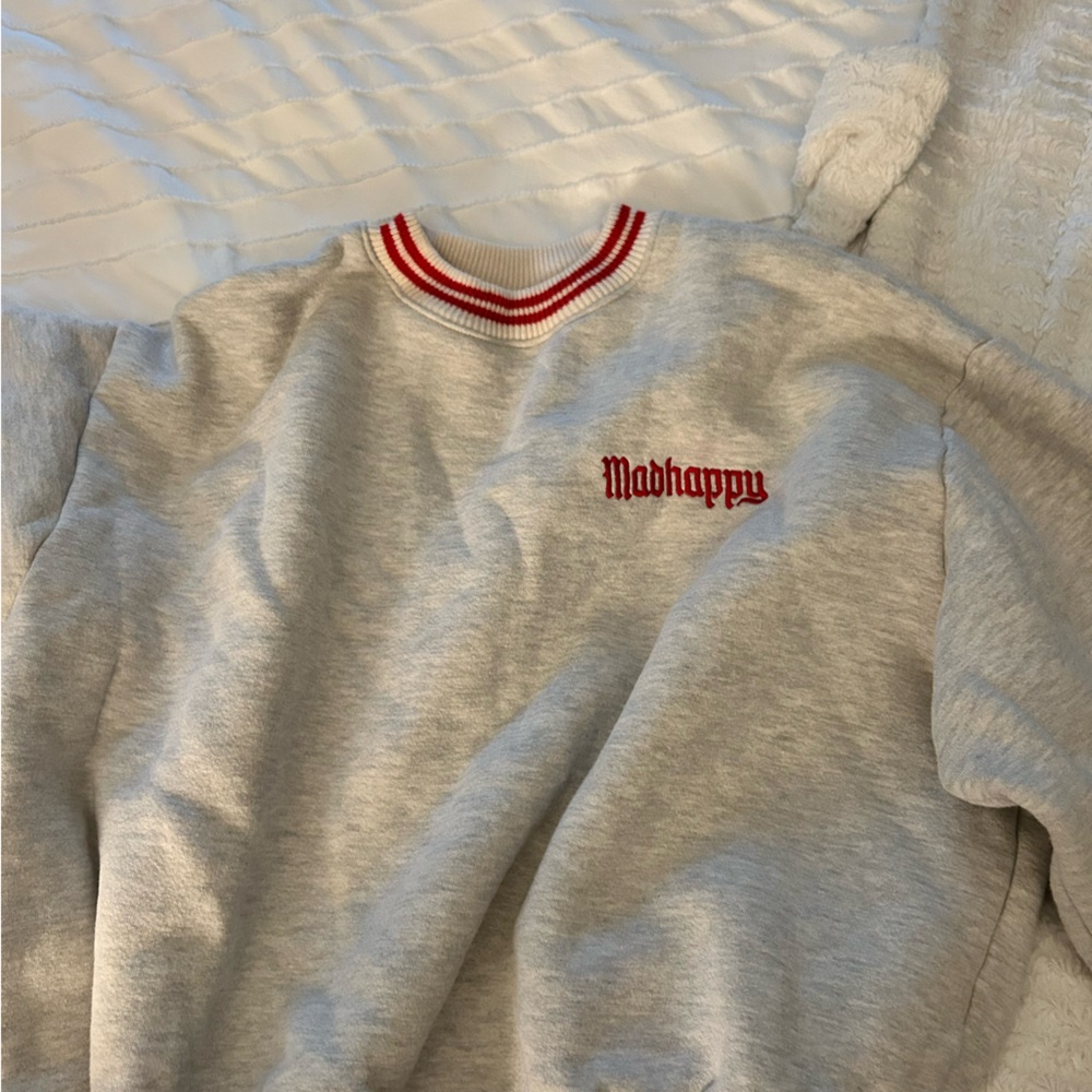 Madhappy Gray Crew Neck Sweater with Red Accents